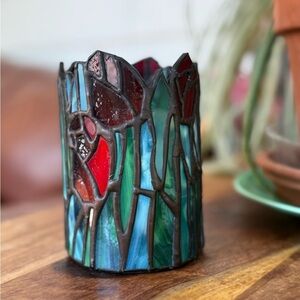Vintage Forma Vitrum Stained Glass Candle Holder red tulips